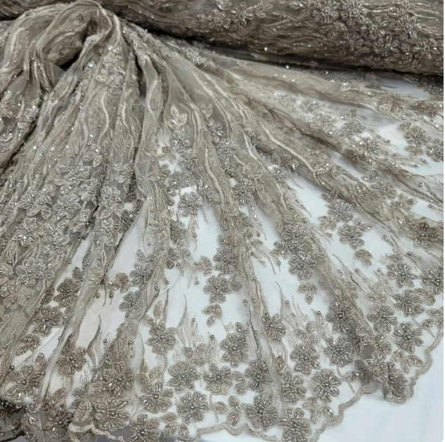 Champagne Beaded Lace Floral Embroidery Mesh