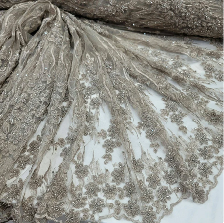 Champagne Beaded Lace Floral Embroidery Mesh