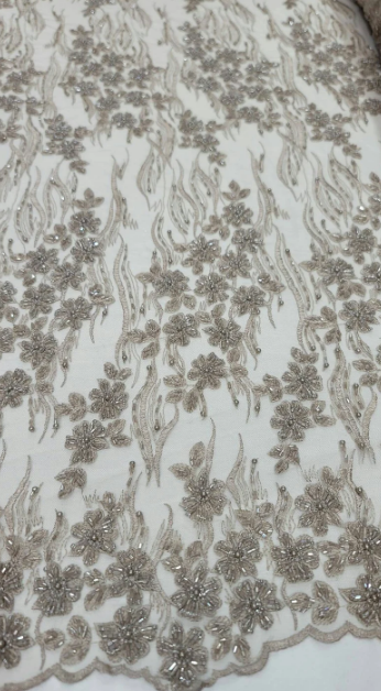 Champagne Beaded Lace Floral Embroidery Mesh