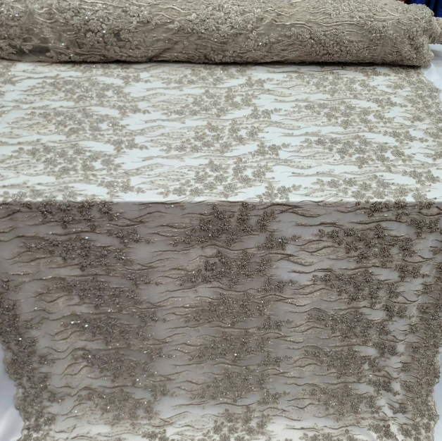 Champagne Beaded Lace Floral Embroidery Mesh
