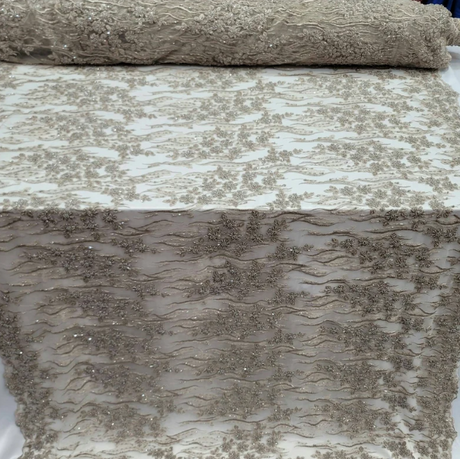 Champagne Beaded Lace Floral Embroidery Mesh