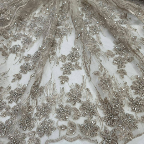 Champagne Beaded Lace Floral Embroidery Mesh
