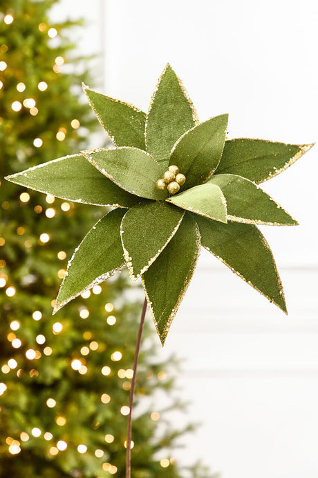 20" x 15" Olive Velvet Glitter Poinsettia Stem