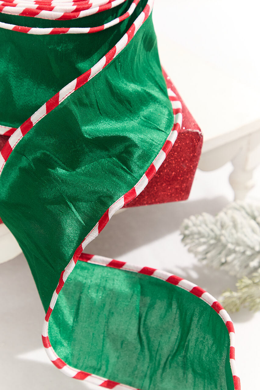 4" x 10 Yard Green Dupioni with Red & White Piping Ribbon