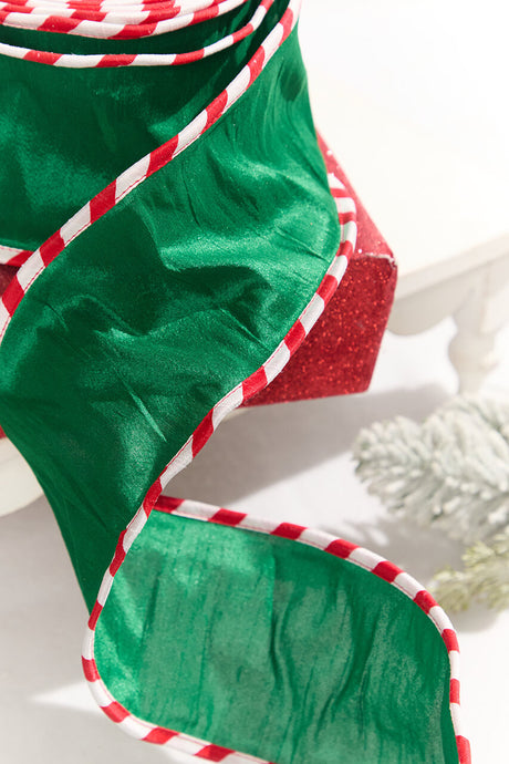 4" x 10 Yard Green Dupioni with Red & White Piping Ribbon