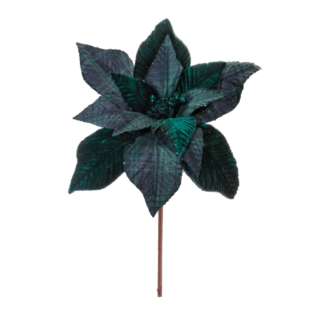 Green Plaid Poinsettia Stem 25 Inch Christmas Floral Decoration