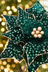 20" x 12” Emerald & Gold Sequin Poinsettia Stem