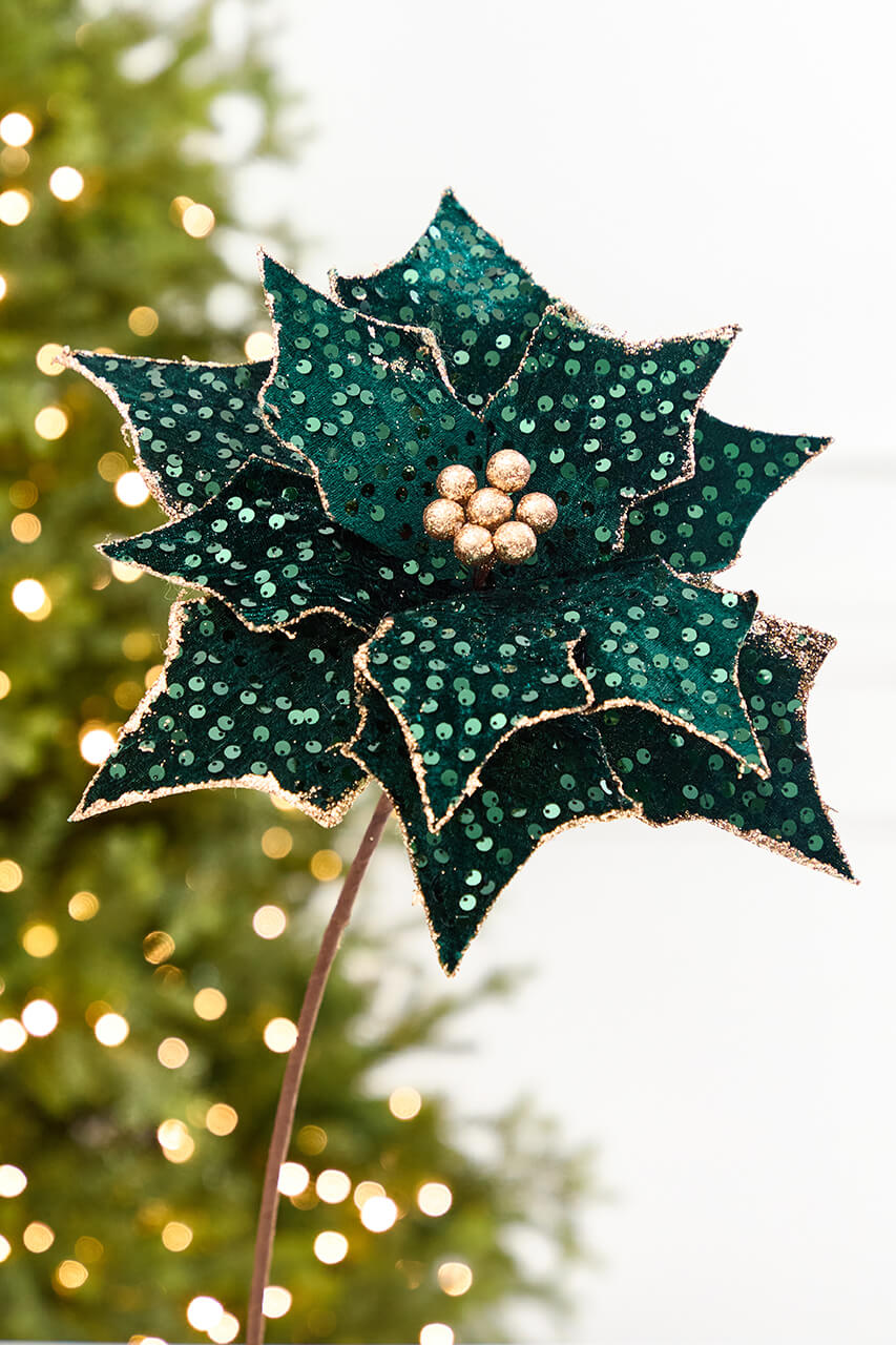 20" x 12” Emerald & Gold Sequin Poinsettia Stem