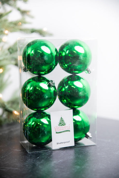 3.1” Shiny Holly Green Shatterproof Ornaments - Set of 6