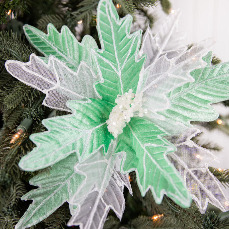 24 Inch x 13 Inch Green & White Frosted Glitter Poinsettia Stem