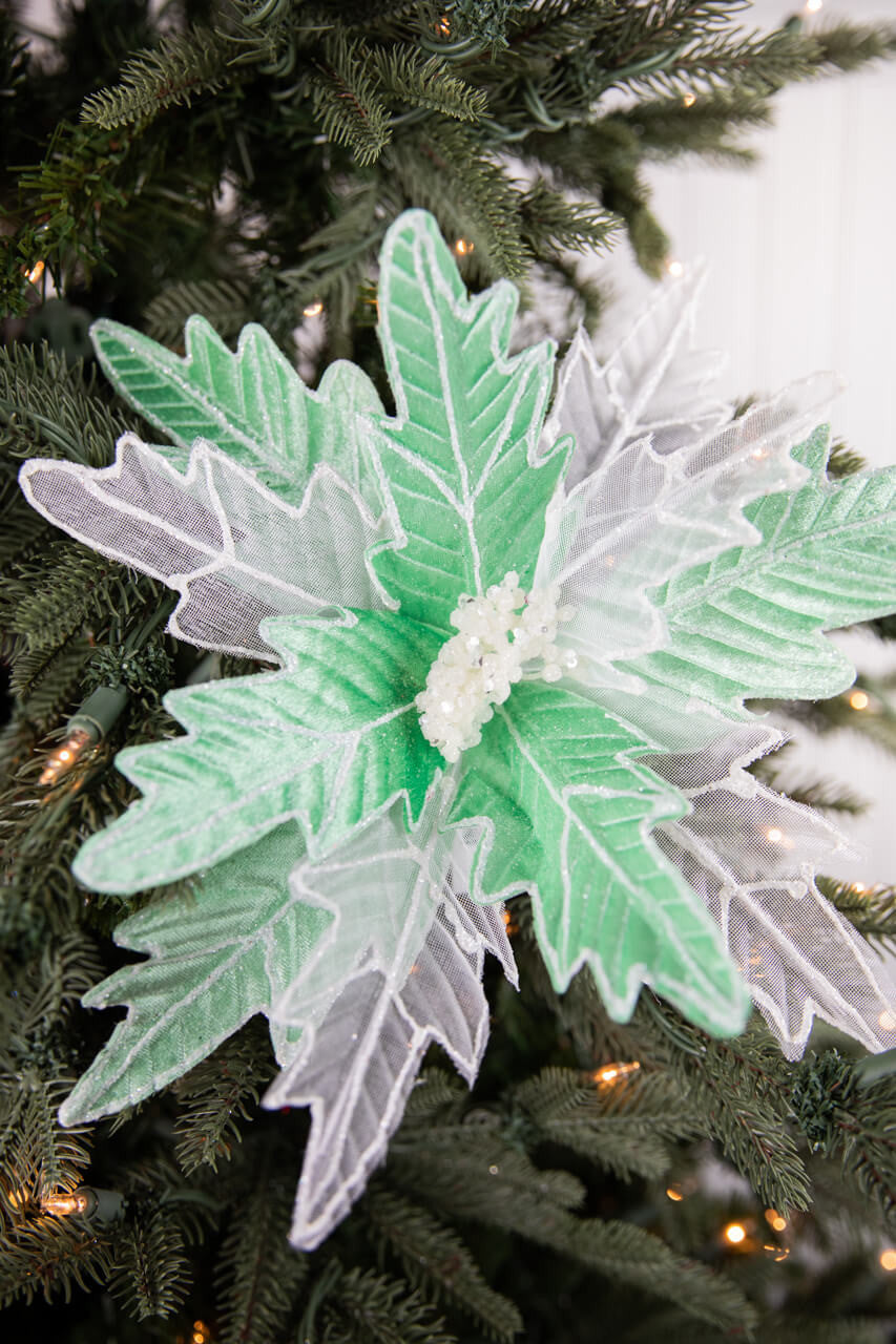 24 Inch x 13 Inch Green & White Frosted Glitter Poinsettia Stem