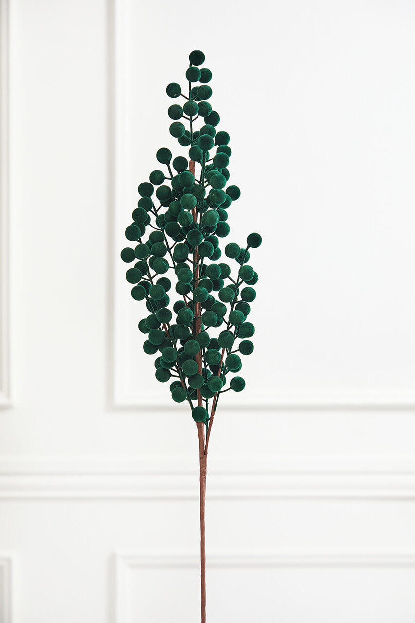 33" Dark Green Flocked Berry Spray
