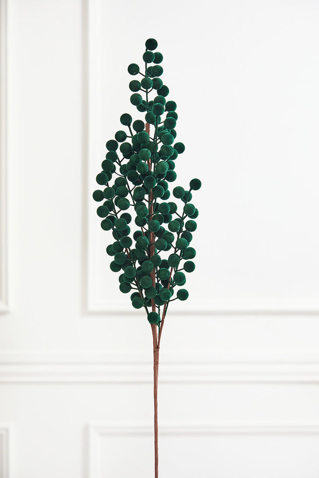 33" Dark Green Flocked Berry Spray