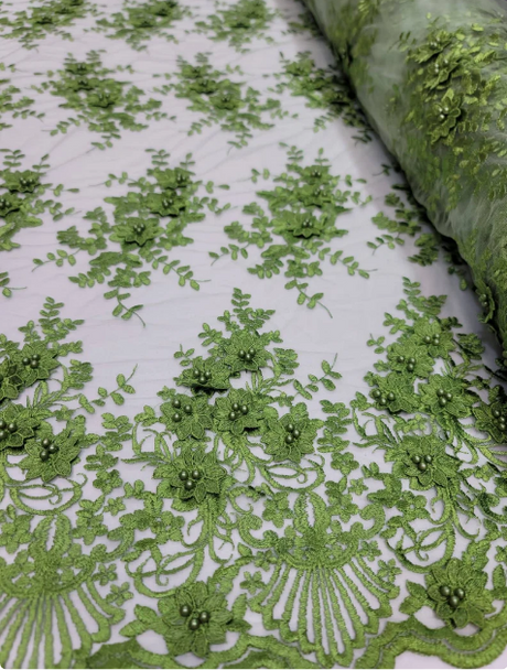 3D Floral Lace Olive Green Embroidered Mesh Fabric