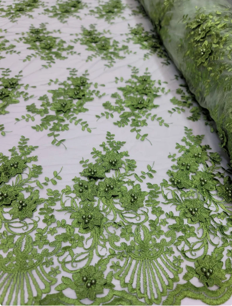 3D Floral Lace Olive Green Embroidered Mesh Fabric