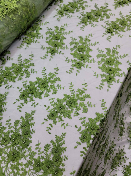 3D Floral Lace Olive Green Embroidered Mesh Fabric