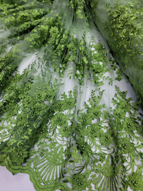 3D Floral Lace Olive Green Embroidered Mesh Fabric