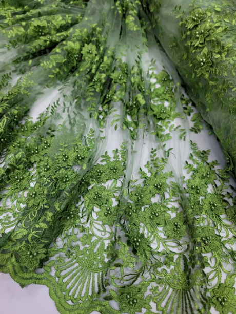3D Floral Lace Olive Green Embroidered Mesh Fabric