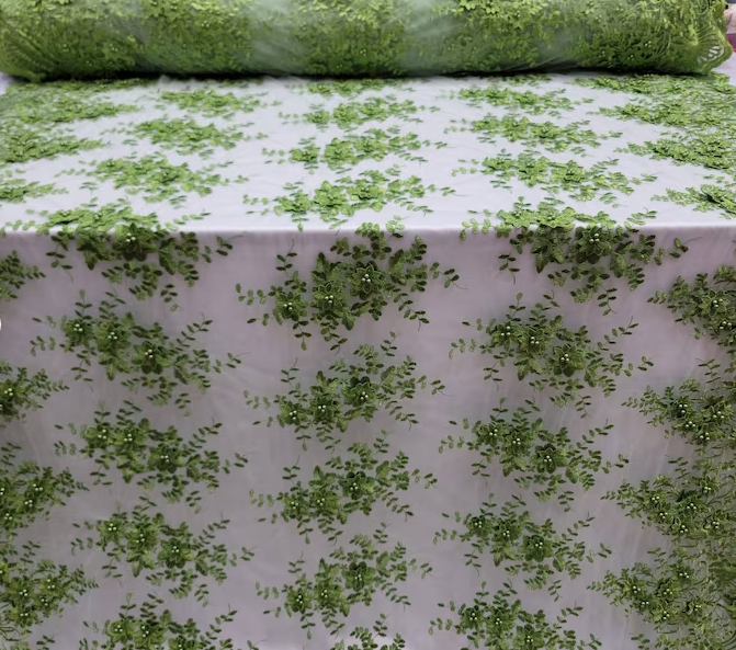 3D Floral Lace Olive Green Embroidered Mesh Fabric