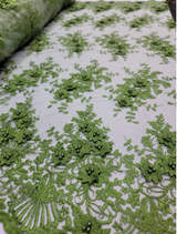 3D Floral Lace Olive Green Embroidered Mesh Fabric