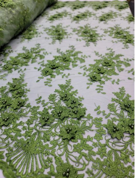 3D Floral Lace Olive Green Embroidered Mesh Fabric