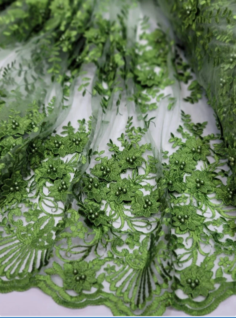 3D Floral Lace Olive Green Embroidered Mesh Fabric