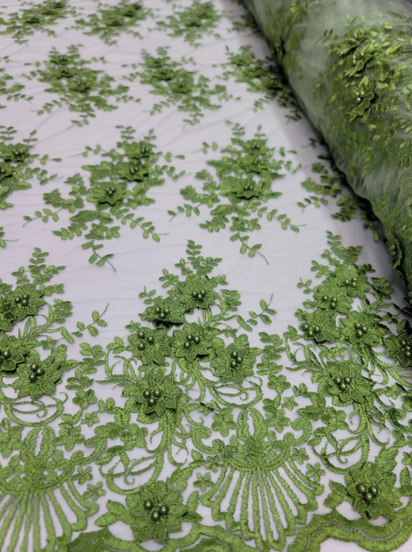 3D Floral Lace Olive Green Embroidered Mesh Fabric