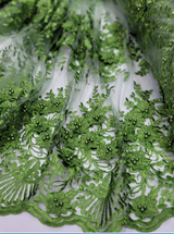 3D Floral Lace Olive Green Embroidered Mesh Fabric
