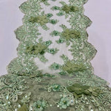 VT-33 Sequin 3D Lace Fabric With Embroideries On Mesh With Pearls - Baby Blue, 33-Cm Width