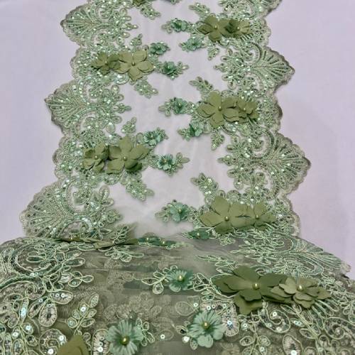 VT-33 Sequin 3D Lace Fabric With Embroideries On Mesh With Pearls - Baby Blue, 33-Cm Width