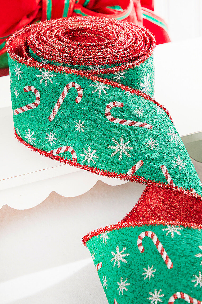 4" x 10 Yard Green/Red Candy Cane Jacquard Ribbon