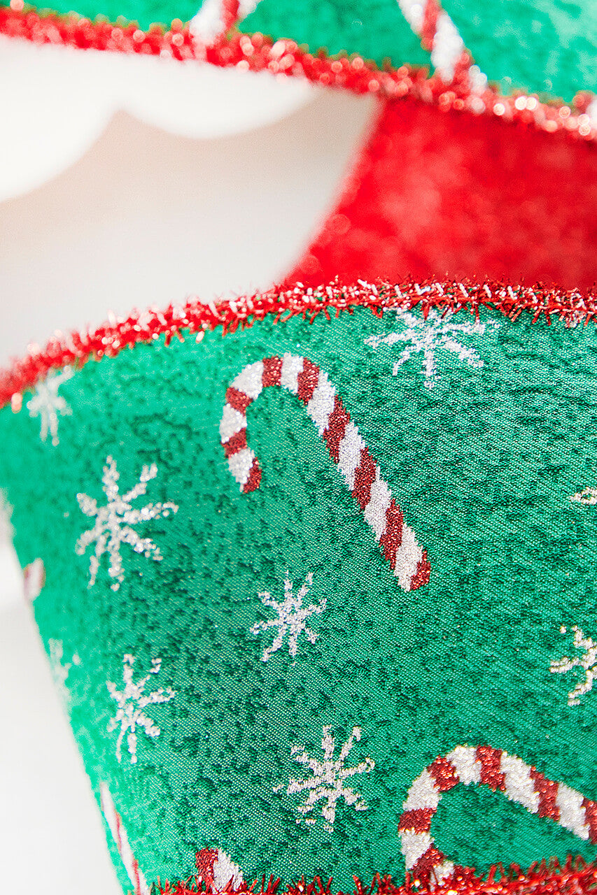 4 Inch x 10 Yard Green Red Candy Cane Jacquard Ribbon Festive Christmas Wired Decor