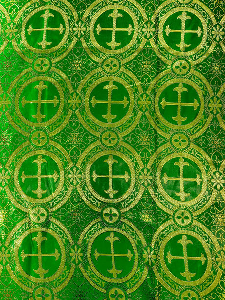 Green/Gold Rectangular Metallic Cross Brocade Jacquard Satin Fabric - Green/Gold Metallic Cross Pattern, Rectangular Tablecloth Overlay, 60" Width (1 Unit)