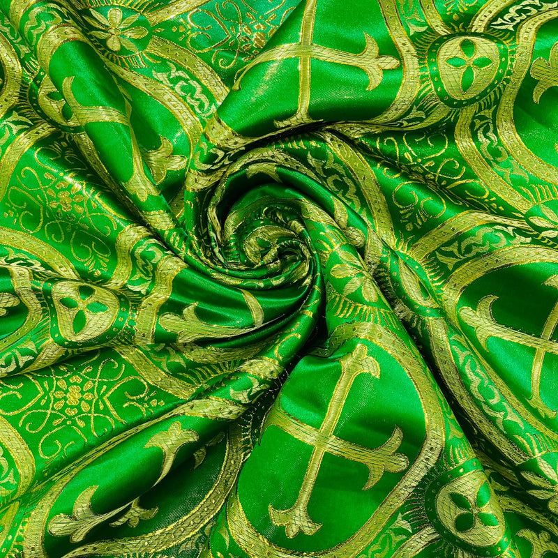Green/Gold Rectangular Metallic Cross Brocade Jacquard Satin Fabric - Green/Gold Metallic Cross Pattern, Rectangular Tablecloth Overlay, 60" Width (1 Unit)