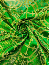 Square Metallic Cross Jacquard Satin Fabric - Green/Gold Metallic Cross Pattern, Square Table Overlay (36" Inches x 36" Inches - 58" Inches x 58" Inches)