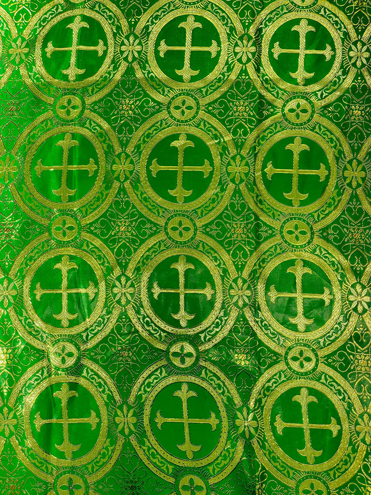 Square Metallic Cross Jacquard Satin Fabric - Green/Gold Metallic Cross Pattern, Square Table Overlay (36" Inches x 36" Inches - 58" Inches x 58" Inches)