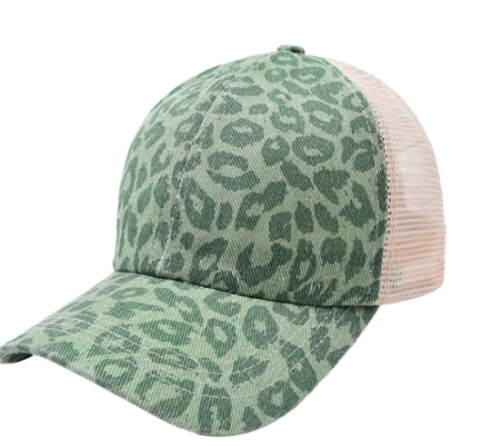 Criss-Cross Cap - Leopard Green Fabric - Leopard Green, Criss-Cross Ponytail Slot, Adjustable Strap (1 Unit)