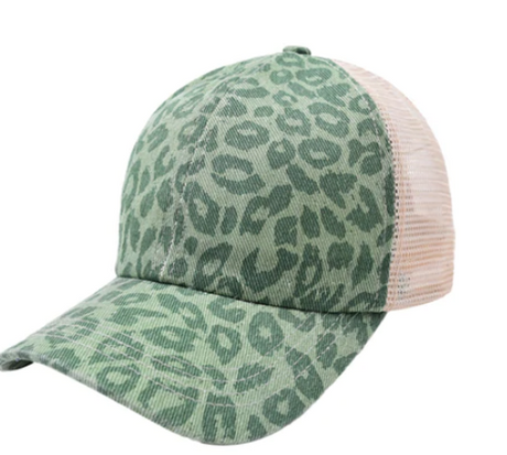 Criss-Cross Cap - Leopard Green Fabric - Leopard Green, Criss-Cross Ponytail Slot, Adjustable Strap (1 Unit)