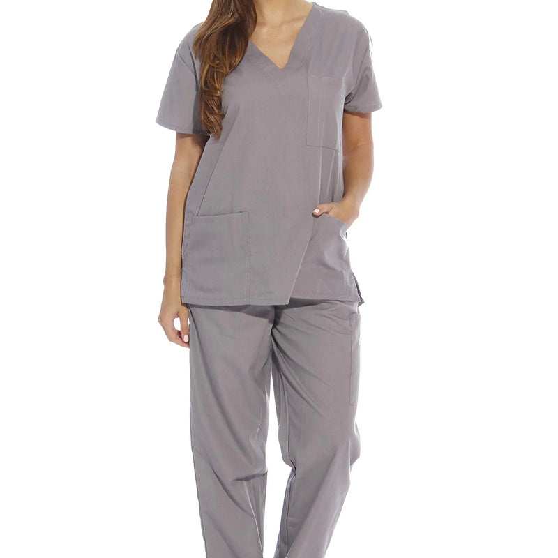 Scrubs Polyester Fabric - Grey, V-Neck, Top And Bottom Set (1 Set)