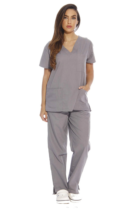 Scrubs Polyester Fabric - Grey, V-Neck, Top And Bottom Set (1 Set)