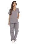 Scrubs Polyester Fabric - Grey, V-Neck, Top And Bottom Set (1 Set)
