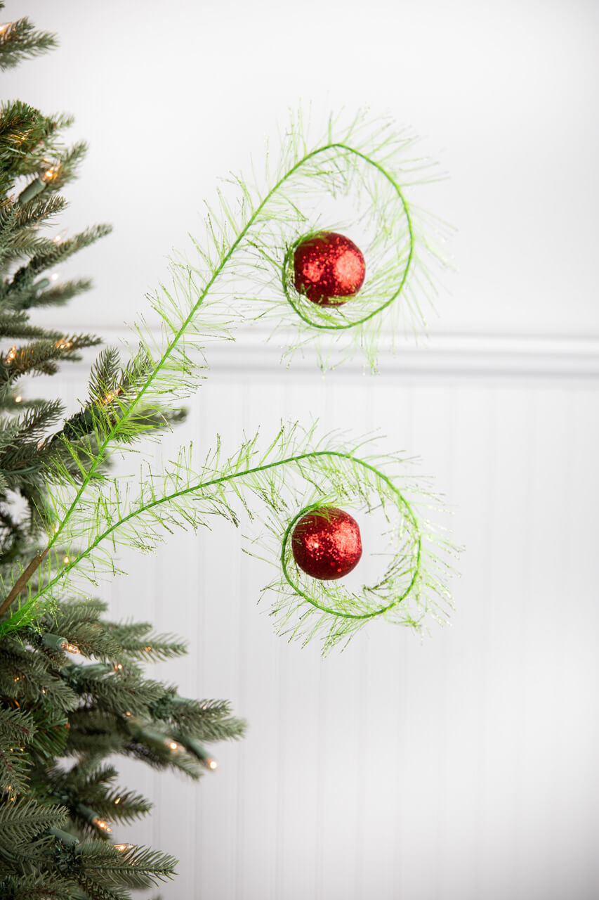 31" Green Red Glitter Curled Grass Ball Spray