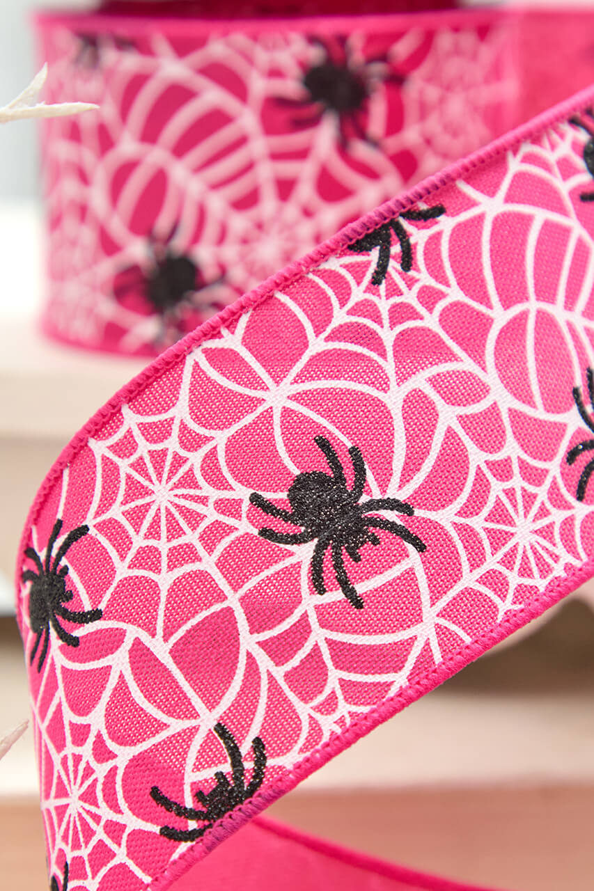2.5" x 10 Yard Pink Glitter Spider Webs Halloween Ribbon