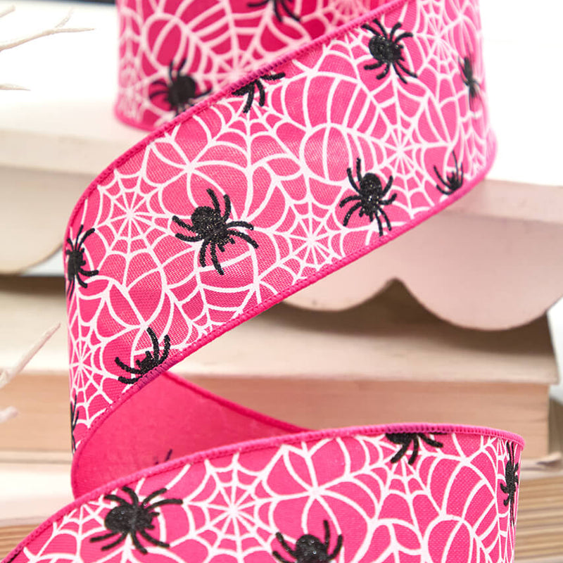 2.5" x 10 Yard Pink Glitter Spider Webs Halloween Ribbon