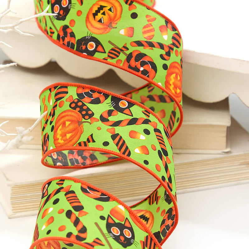 2.5" x 10 Yard Green & Orange Pumpkin, Cat & Candy Halloween Ribbon
