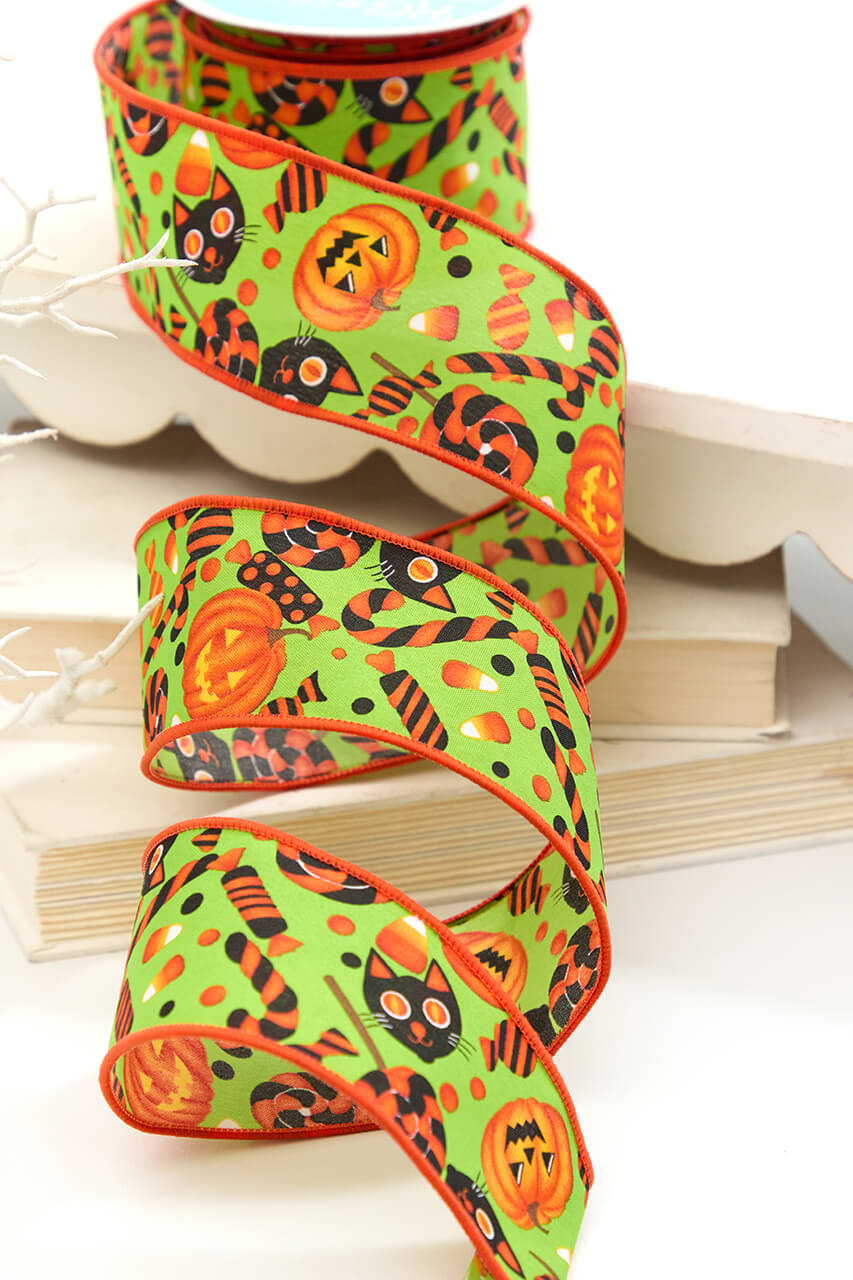 2.5" x 10 Yard Green & Orange Pumpkin, Cat & Candy Halloween Ribbon