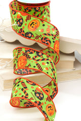 2.5" x 10 Yard Green & Orange Pumpkin, Cat & Candy Halloween Ribbon
