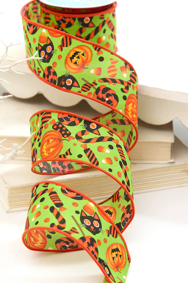2.5" x 10 Yard Green & Orange Pumpkin, Cat & Candy Halloween Ribbon