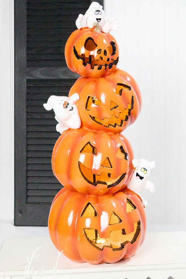 28" LED Resin Pumpkin Stack with Ghost