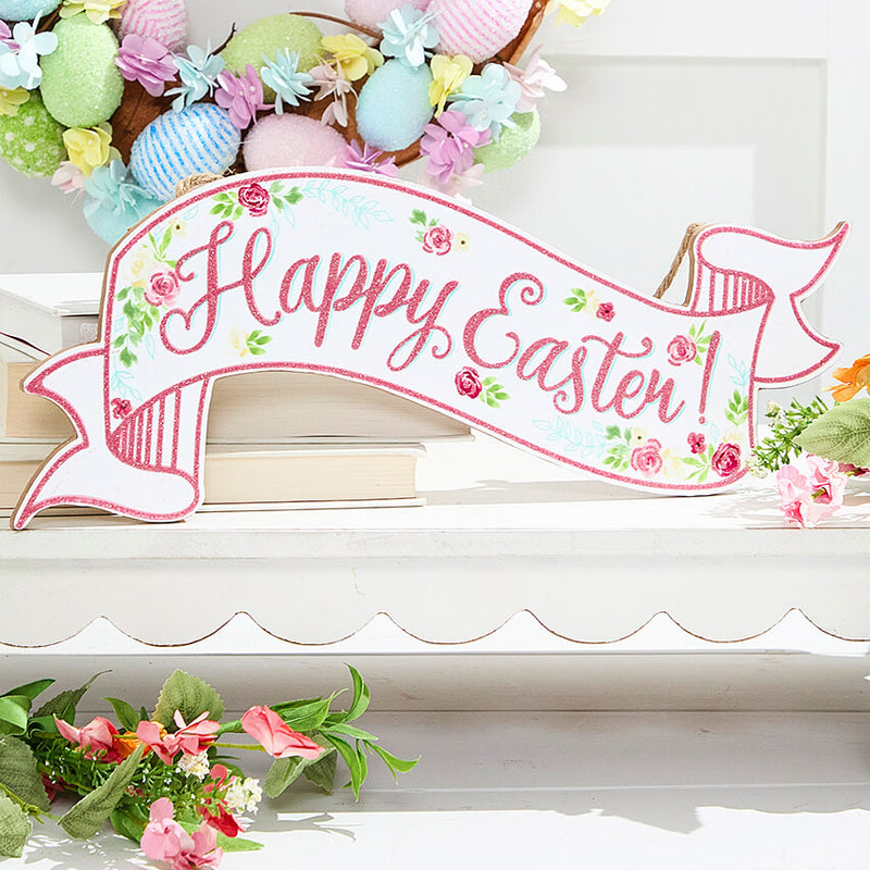 15” Glitter Happy Easter Banner Sign – Festive Spring Wall Decor